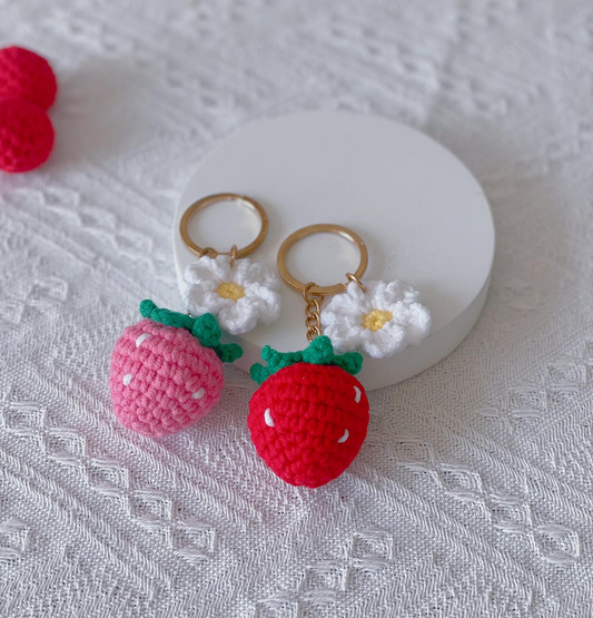 Crochet Strawberry and Cherry Flower Keychain Handmade Gift