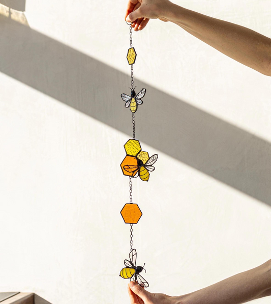 Dream Honeycomb Stained Glass Suncatcher Bee Decor