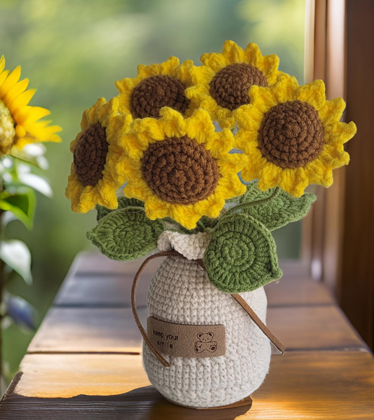 Handmade Crochet Sunflower Bouquet in Yarn Vase