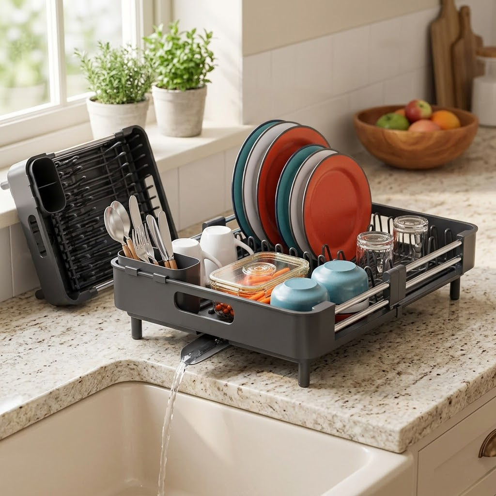 Expandable Black Dish Drying Rack with Cutlery & Cup Holder | Rust-Proof Sink Drainer