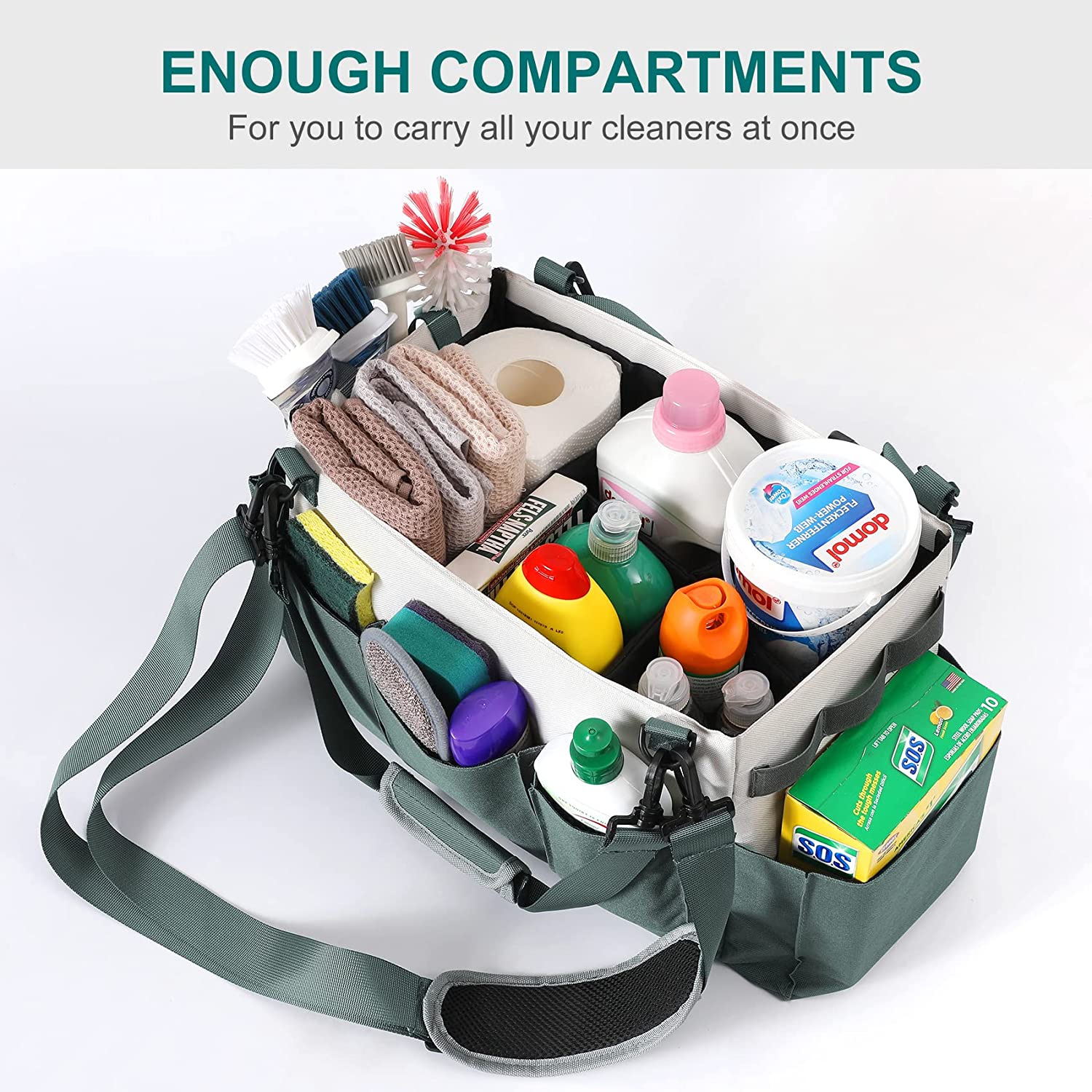 CHZUOBER Large Cleaning Caddy Organizer with Handle, Sponge Shoulder Strap  Cleaning Supplies Organizer with Foldable Dividers Zipper Pocket Cleaning
