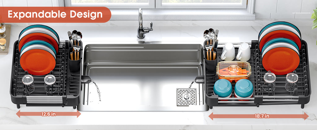 Expandable Black Dish Drying Rack with Cutlery & Cup Holder | Rust-Proof Sink Drainer