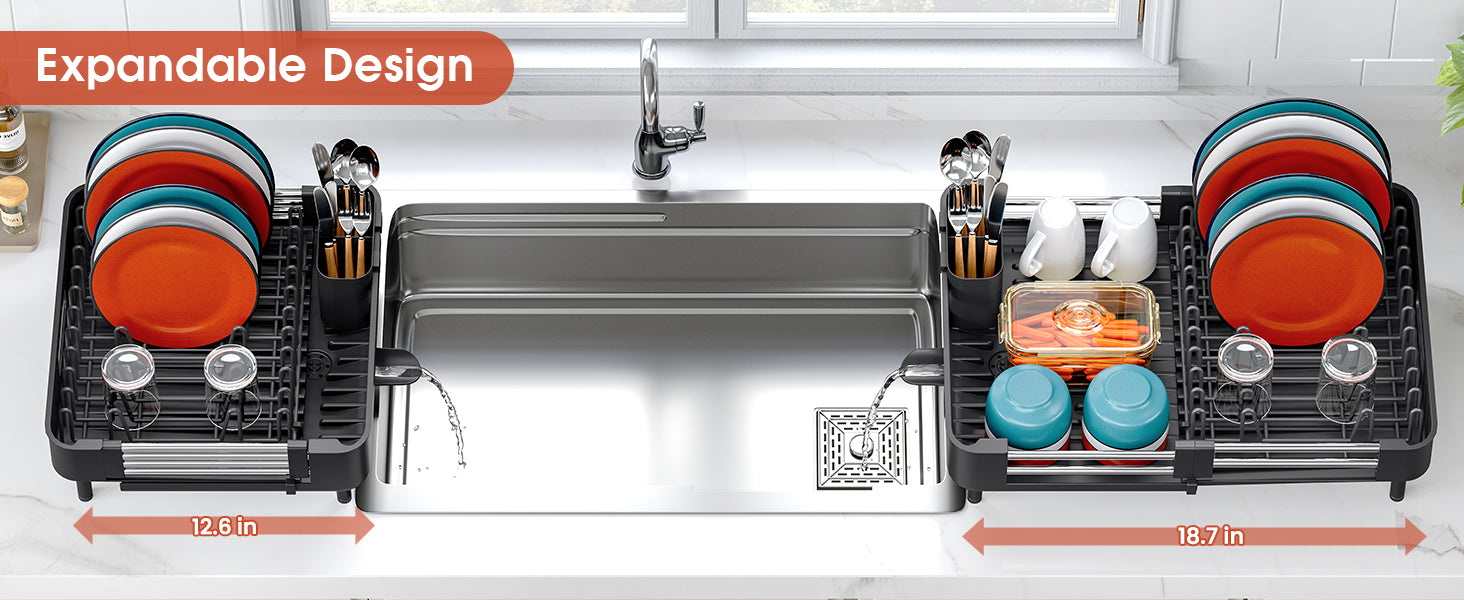 Expandable Black Dish Drying Rack with Cutlery & Cup Holder | Rust-Proof Sink Drainer