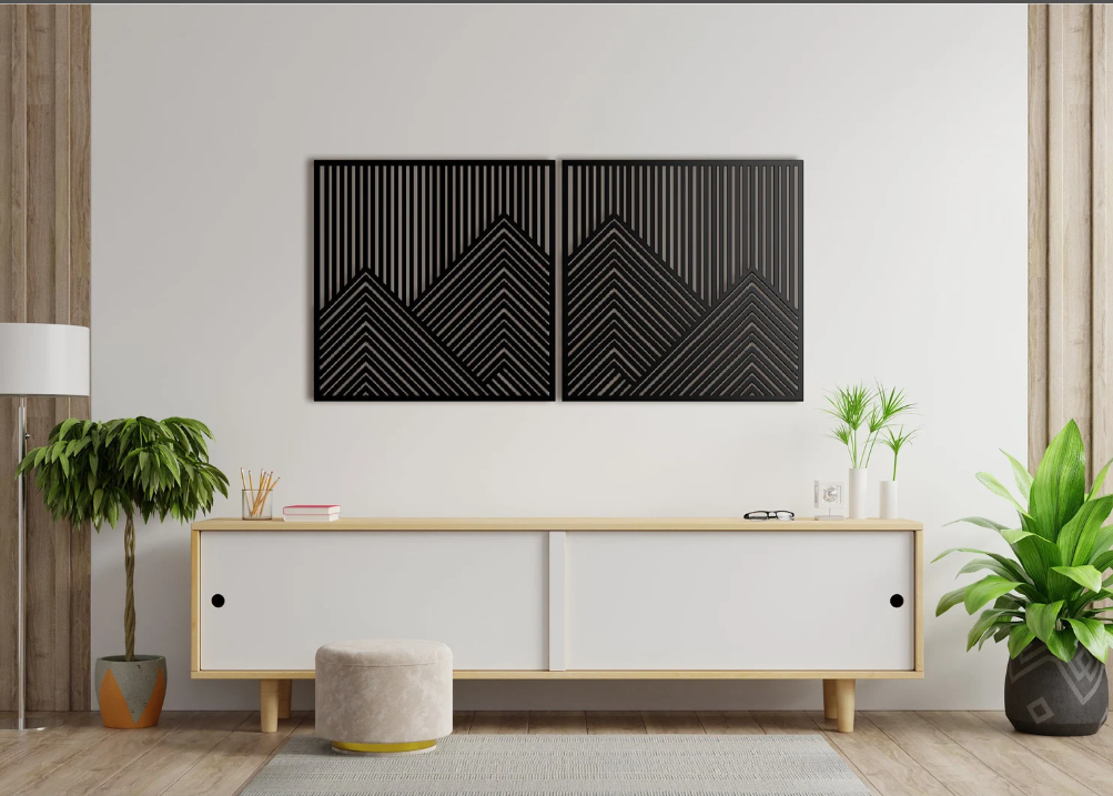 Mountain With Lines Panel Set of 2-3 Wood Picture Living Room