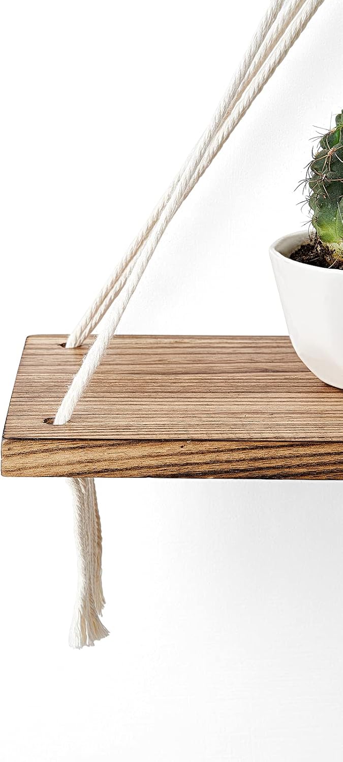 Boho Macrame Hanging Shelves Set of 2 Rustic Wood Decor
