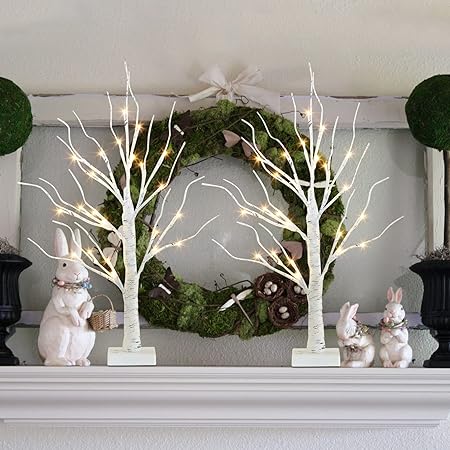 Easter Tree, White Birch Tree with LED Lights - Set of 2