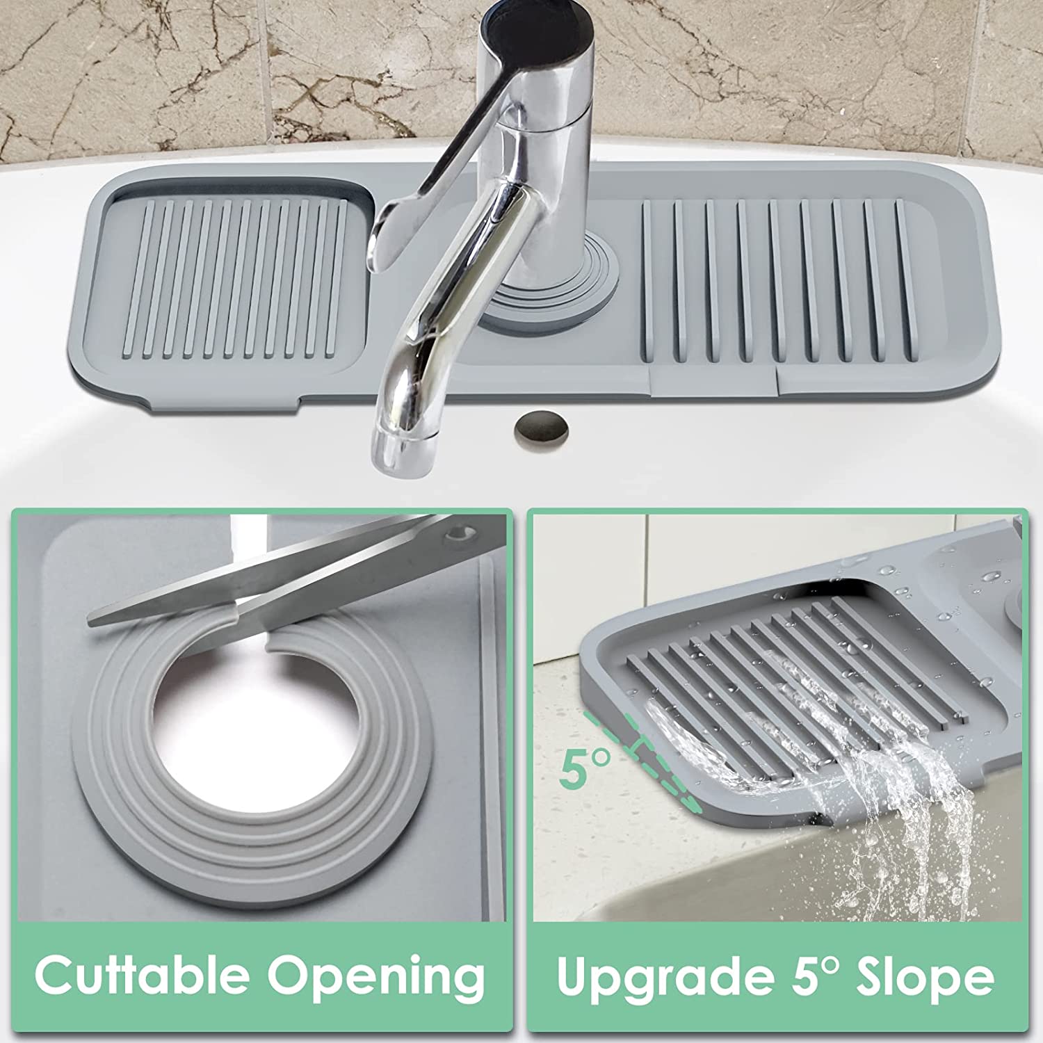 5°Slope Kitchen Sink Splash Guard, 24”x 5.5” Silicone Sink Faucet Mat  Handle Drip Catcher Tray Behind Faucet, Drying Mat for Kitchen Counter  Bathroom