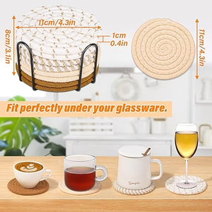 8 Pcs Drink Coasters with Holder, Minimalist Cotton Woven 4 Colors Absorbent Coaster Set