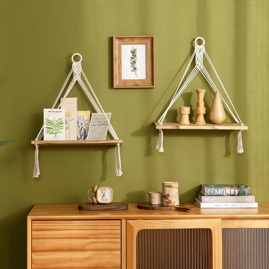 Boho Macrame Hanging Shelves Set of 2 Rustic Wood Decor