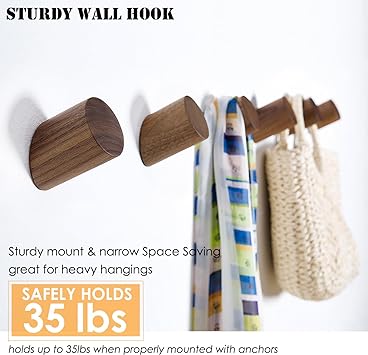 Wall Hooks, Natural Wood Coat Hooks Wall Mounted (2 Pack)