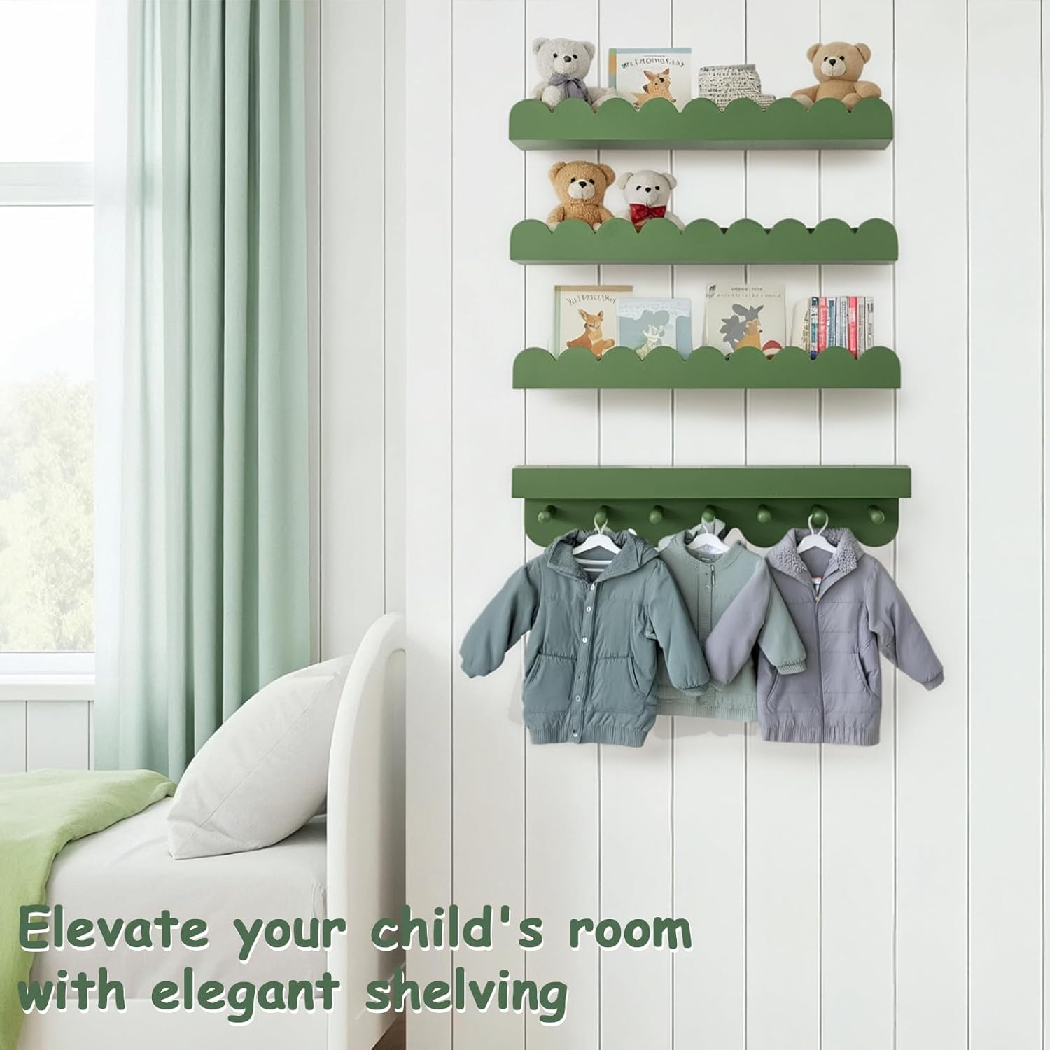 Wood Scalloped Floating Book Shelves Set for Nursery and Kids Room