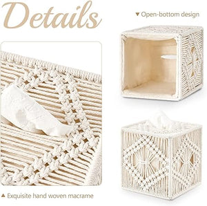 Tissue Box Cover Macrame Square Open-Bottom Tissue Box Holder Boho