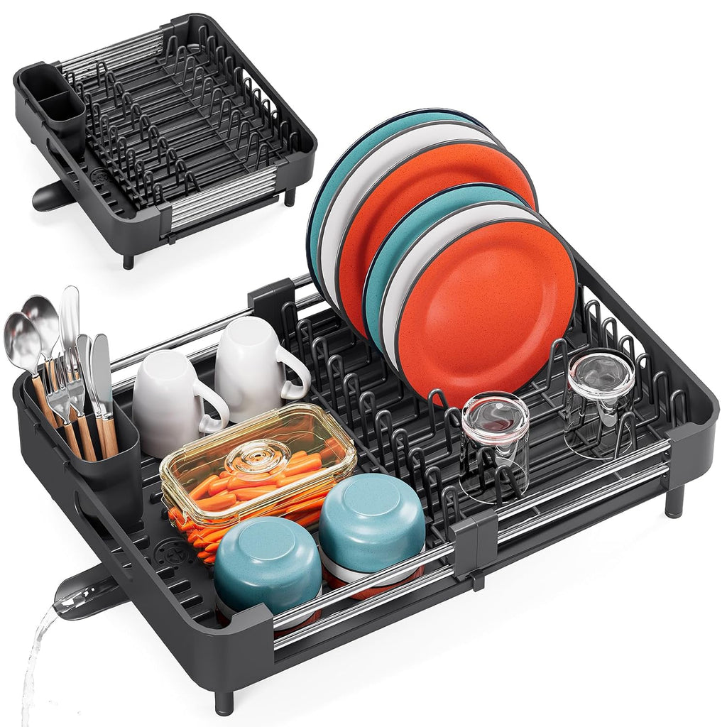 Expandable Black Dish Drying Rack with Cutlery & Cup Holder | Rust-Proof Sink Drainer