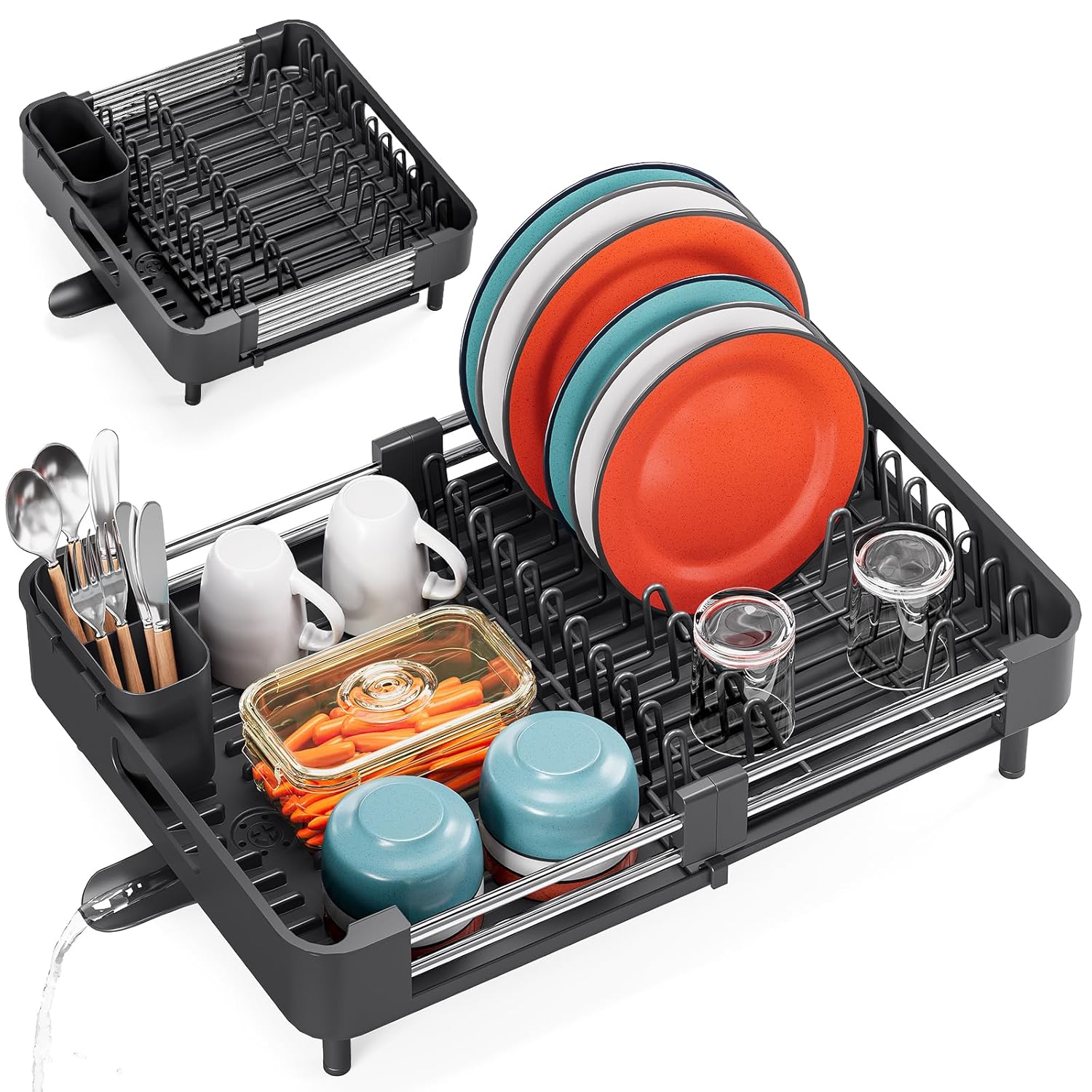 Expandable Black Dish Drying Rack with Cutlery & Cup Holder | Rust-Proof Sink Drainer
