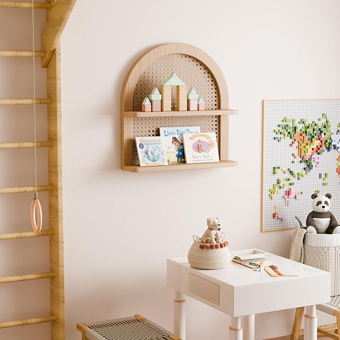 Boho Rattan Wall Shelf 2 Tier Arched Nursery Decor