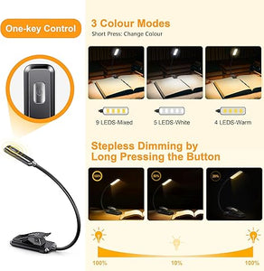 9 LED Rechargeable Book Light for Reading in Bed - Eye Caring 3 Color