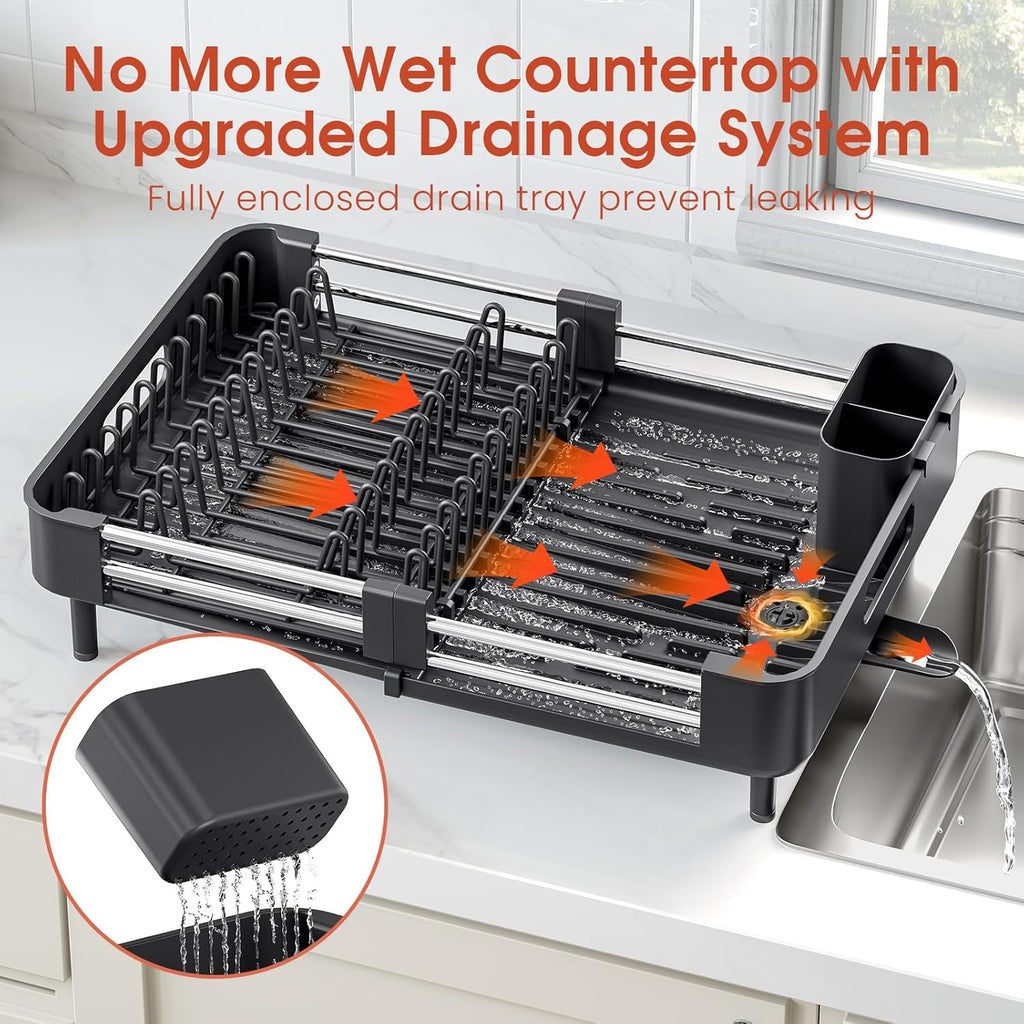 Expandable Black Dish Drying Rack with Cutlery & Cup Holder | Rust-Proof Sink Drainer