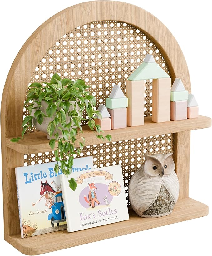 Boho Rattan Wall Shelf 2 Tier Arched Nursery Decor