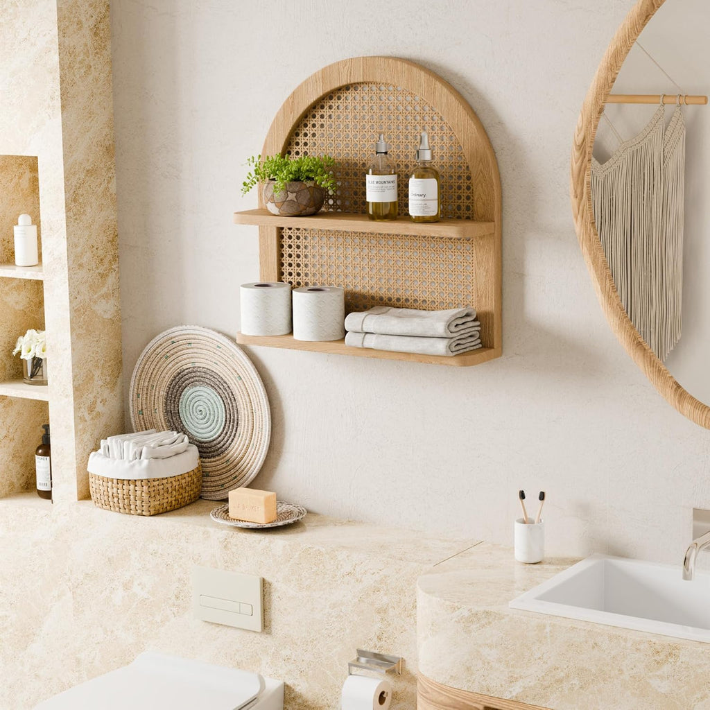 Boho Rattan Wall Shelf 2 Tier Arched Nursery Decor
