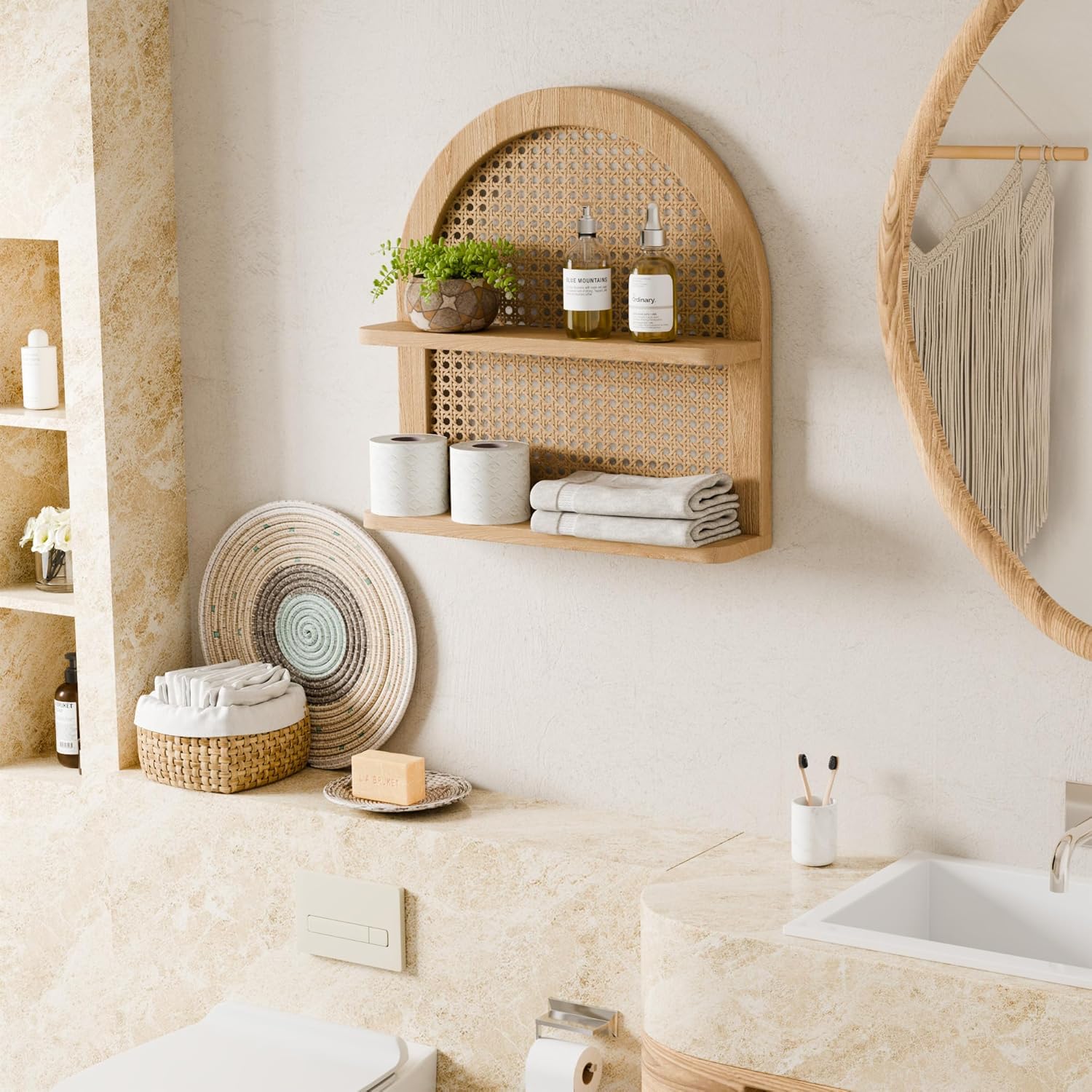Boho Rattan Wall Shelf 2 Tier Arched Nursery Decor