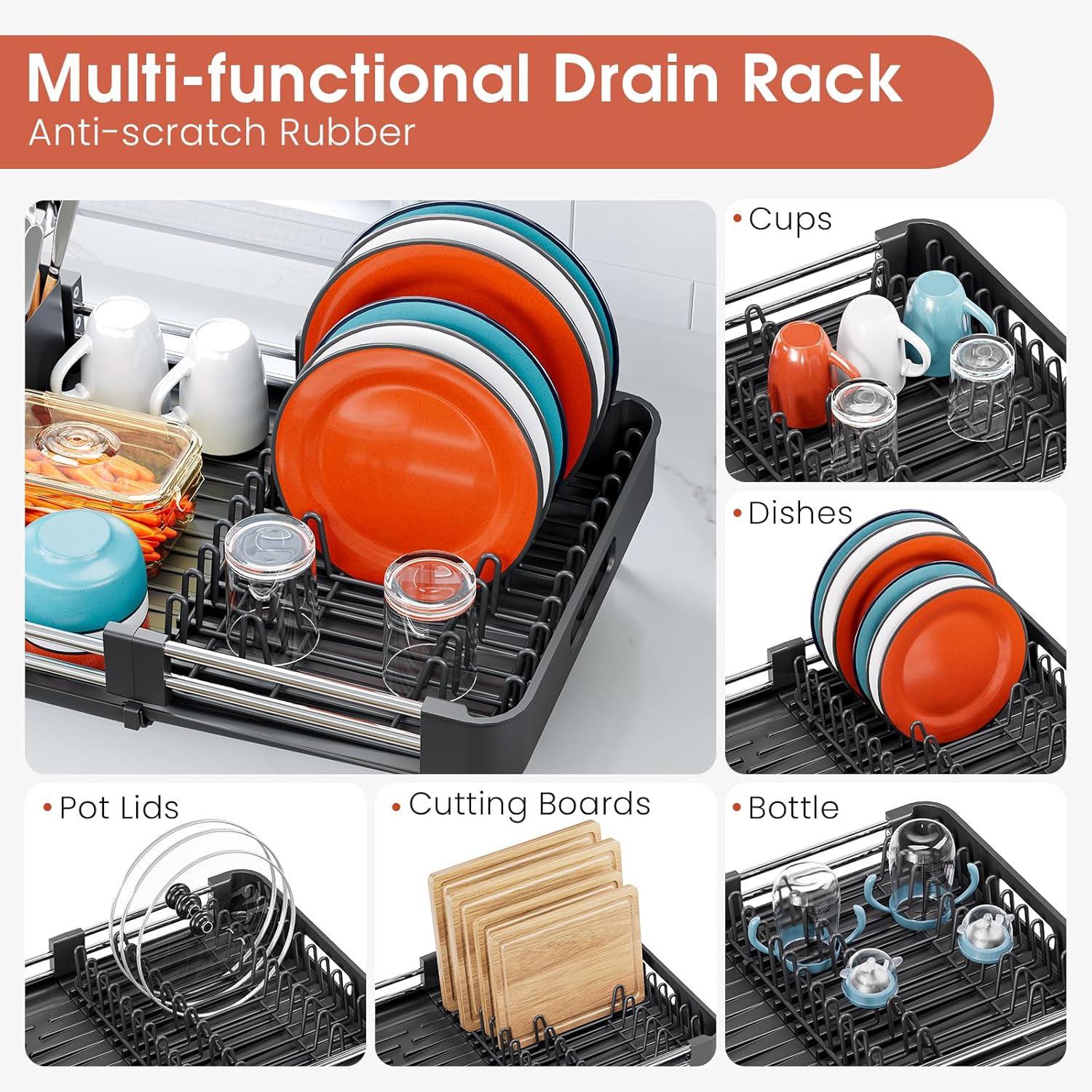 Expandable Black Dish Drying Rack with Cutlery & Cup Holder | Rust-Proof Sink Drainer