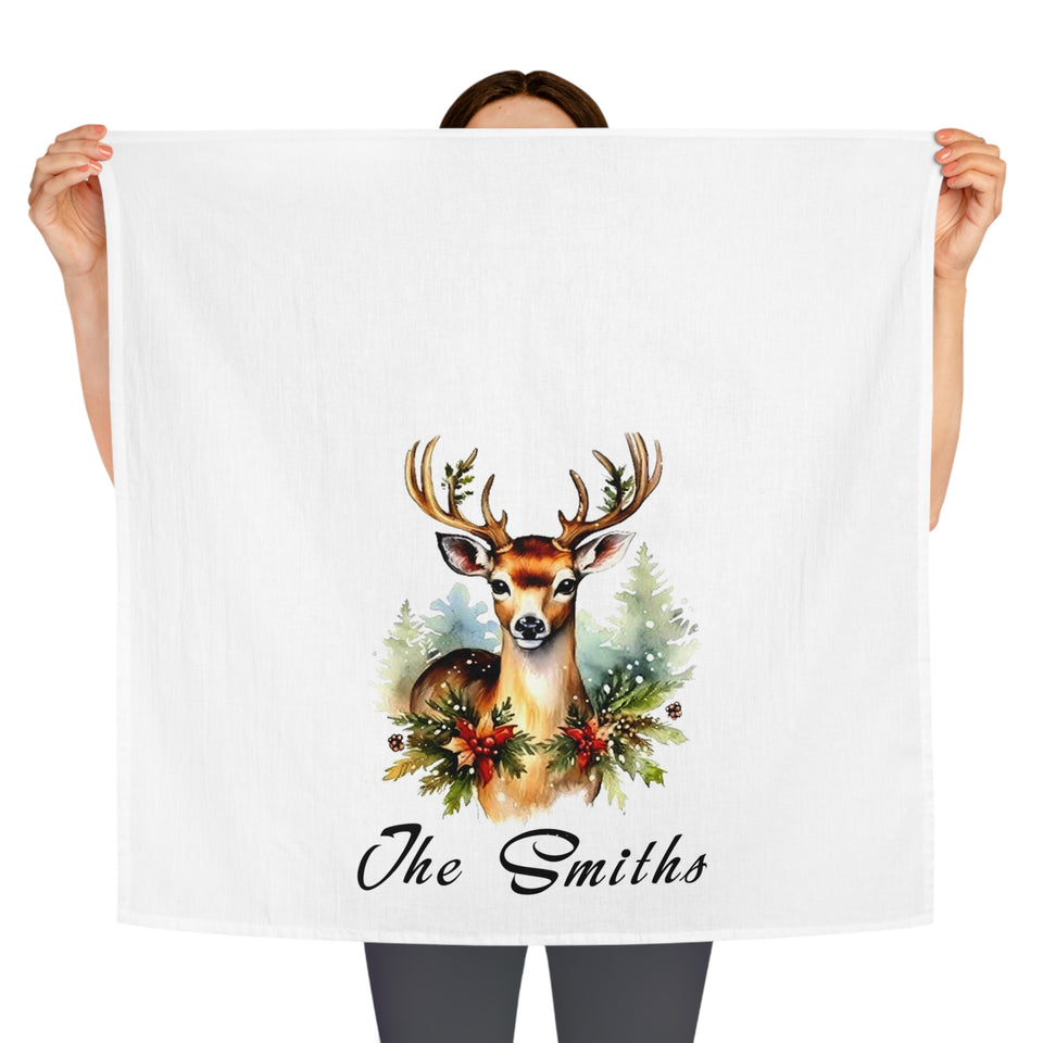 Christmas Personalized Deer Merry Christmas Tea Dish Towel - Winter Buck Tea Towel Kitchen Décor