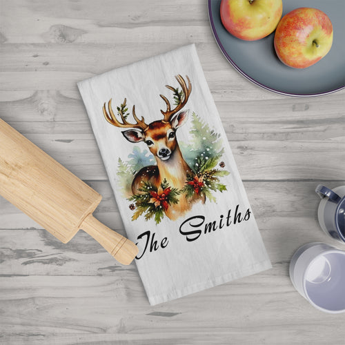 Christmas Personalized Deer Merry Christmas Tea Dish Towel - Winter Buck Tea Towel Kitchen Décor