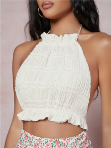 Ruched Ruffled Open-Back Self-Tie Halter Top