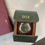 Personalized Green Leather Watch Box & Travel Roll