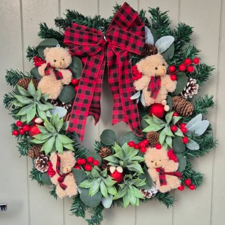 Handcrafted Christmas Wreath with Bears and Plaid Bow Holiday Decor