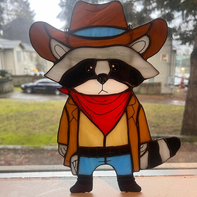 Cowboy Raccoon Stained Glass Suncatcher