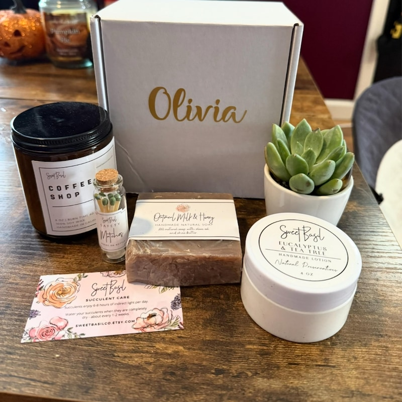 Succulent Gift Box with Soy Candle Natural Lotion and Soap