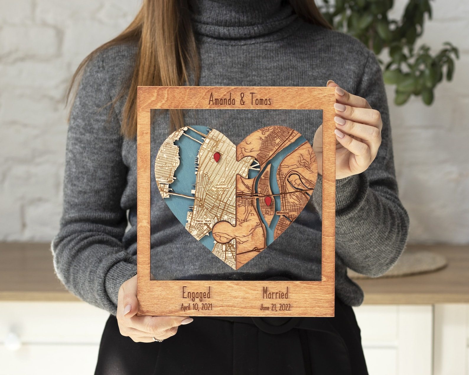Personalized Heart Puzzle Map Wall Art for Newlyweds