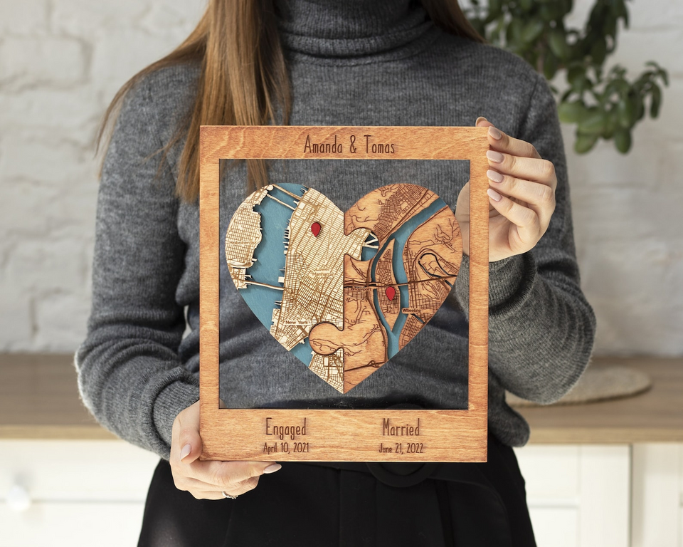 Personalized Heart Puzzle Map Wall Art for Newlyweds