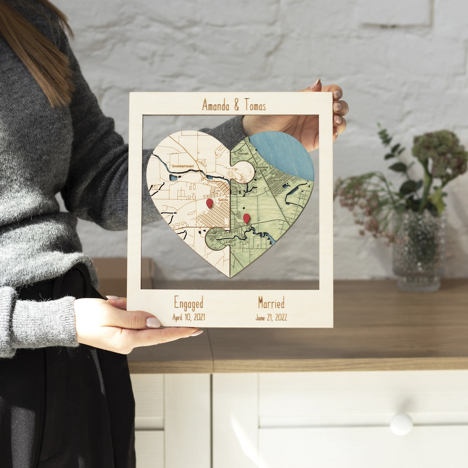 Personalized Heart Puzzle Map Wall Art for Newlyweds
