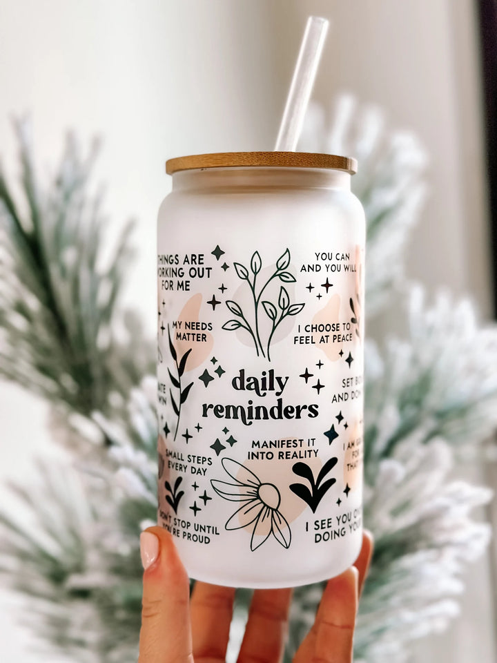 Glass tumbler, Affirmations Glass cup 16oz, Daily affirmations tumbler, gift for her