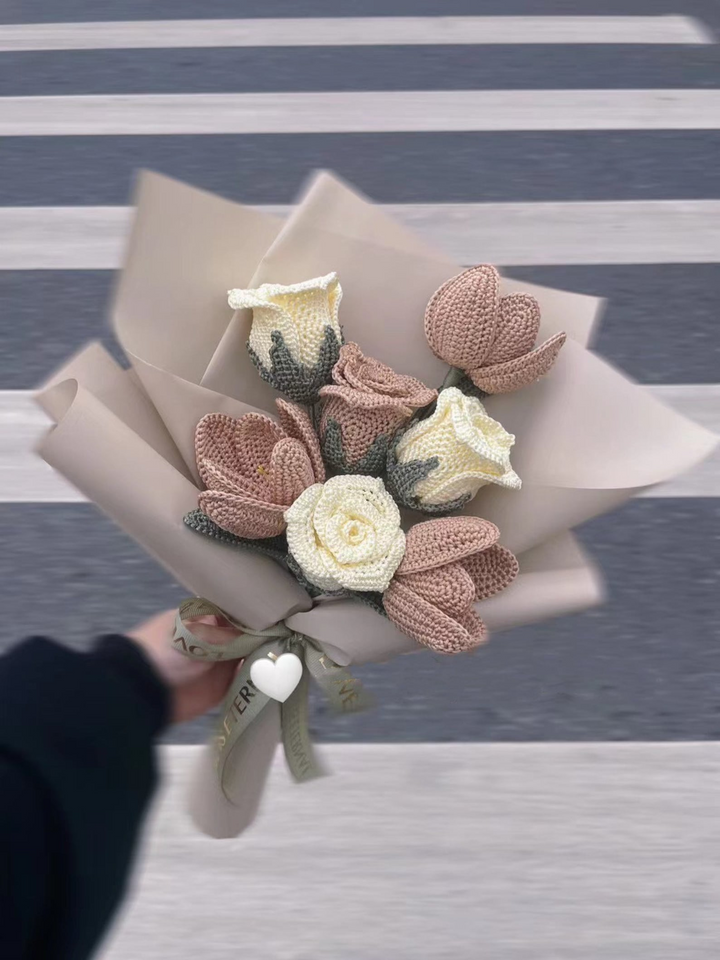 Handmade Crochet Flower Bouquet Roses and Tulips