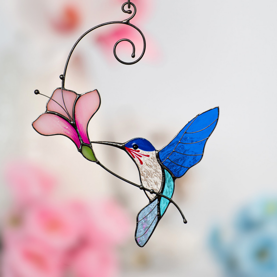 Hummingbird Stained Glass Flower Suncatcher Window Decor