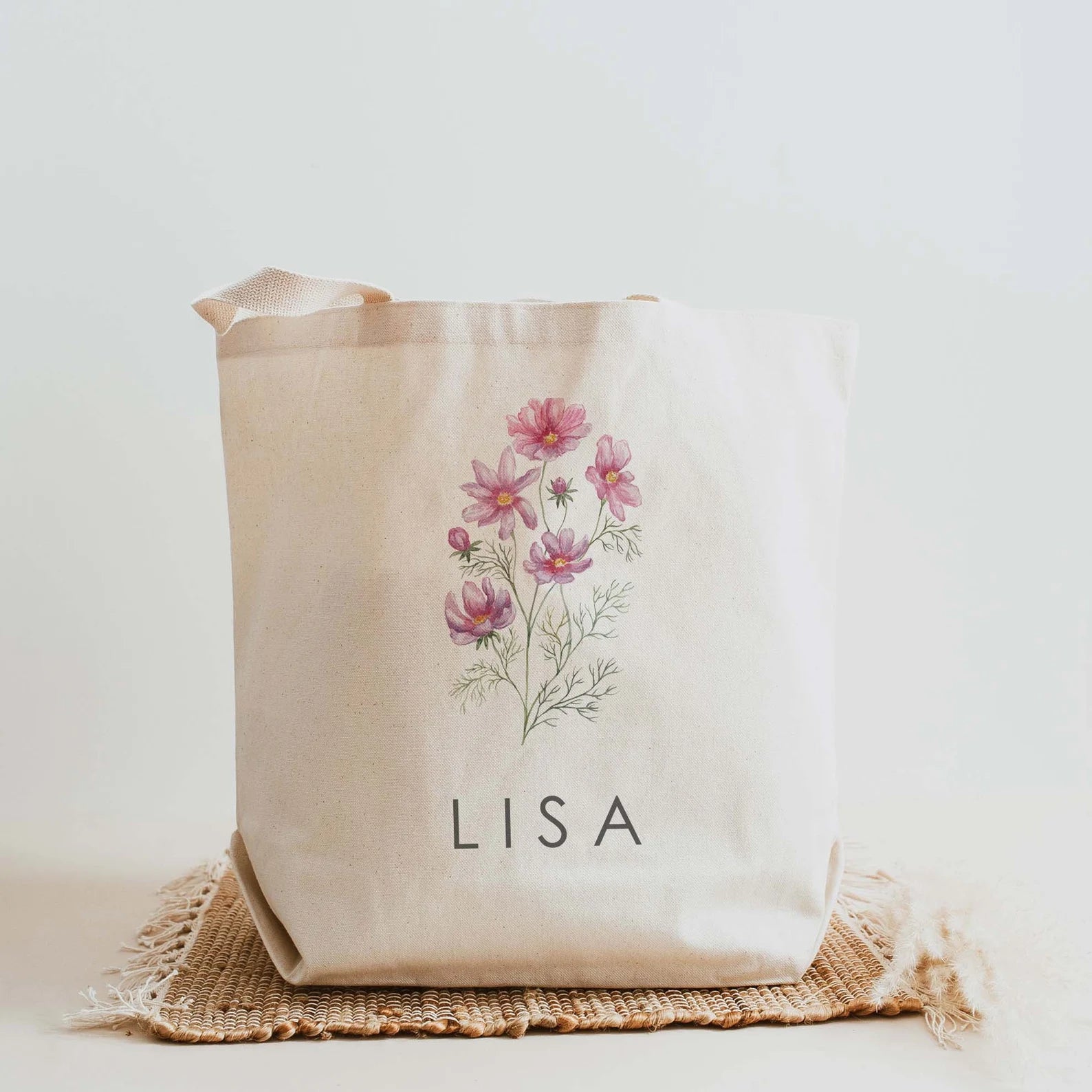 Birth Month Flower Canvas Tote Bag with Custom Name