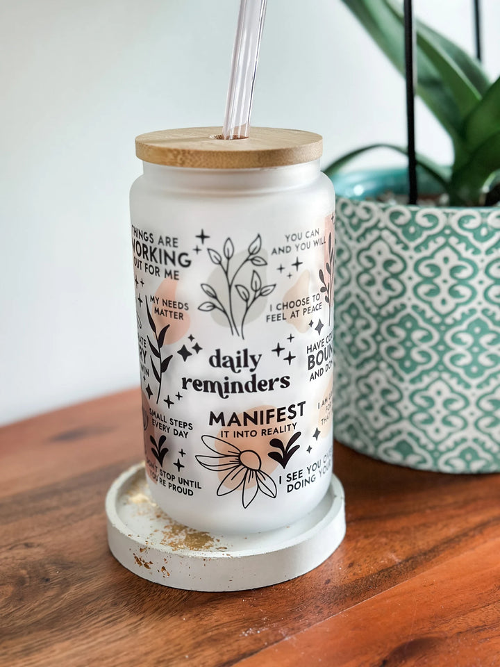 Glass tumbler, Affirmations Glass cup 16oz, Daily affirmations tumbler, gift for her