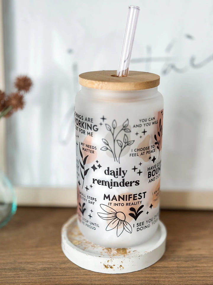 Glass tumbler, Affirmations Glass cup 16oz, Daily affirmations tumbler, gift for her