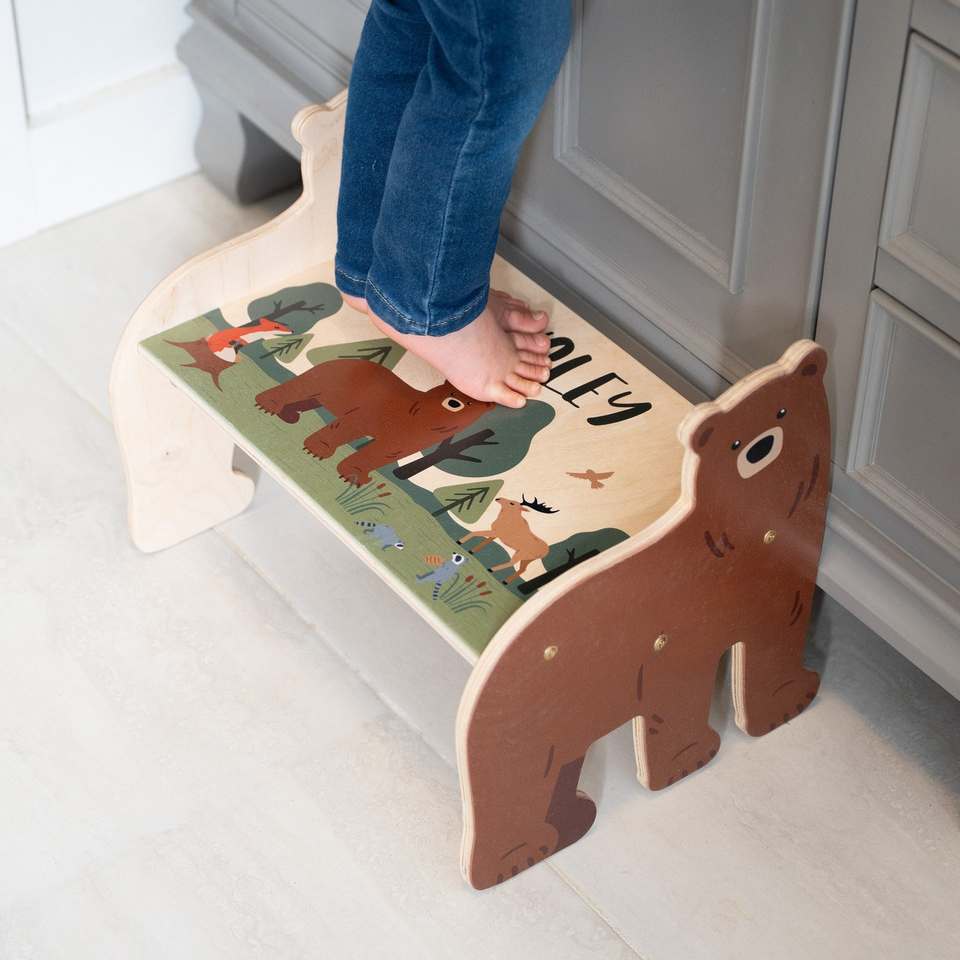Personalized Kids Step Stool with Name Bear Design