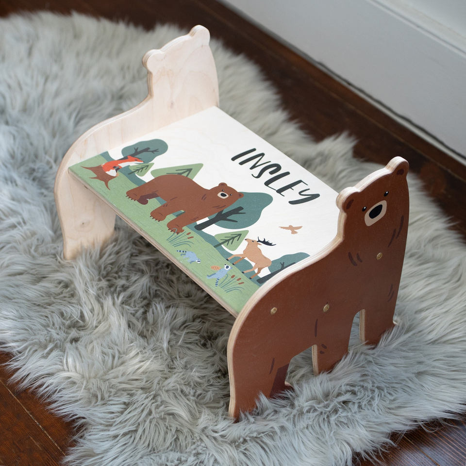 Personalized Kids Step Stool with Name Bear Design