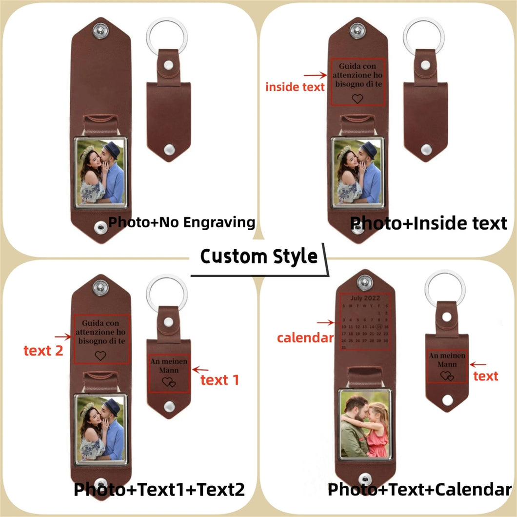 Personalized Mens Leather Keychain with Photo,Metal Tag Photo Keychain, Father's Day Gifts