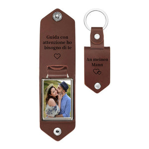 Personalized Mens Leather Keychain with Photo,Metal Tag Photo Keychain, Father's Day Gifts