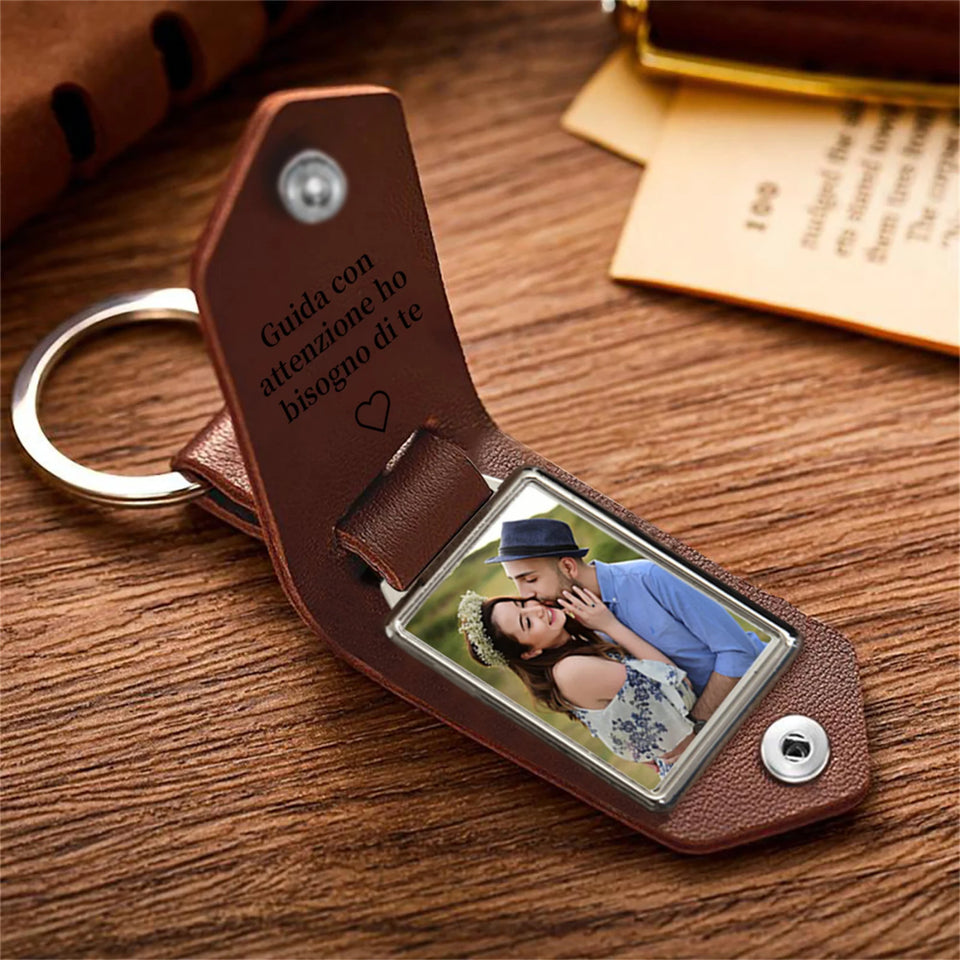Personalized Mens Leather Keychain with Photo,Metal Tag Photo Keychain, Father's Day Gifts