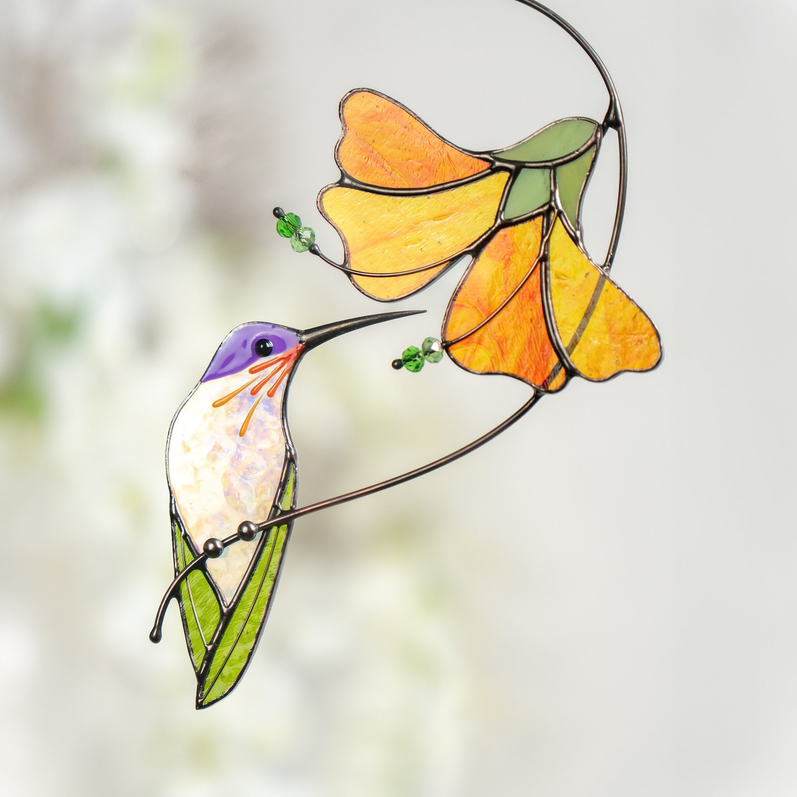 Hummingbird Stained Glass Suncatcher Flower Window Decor