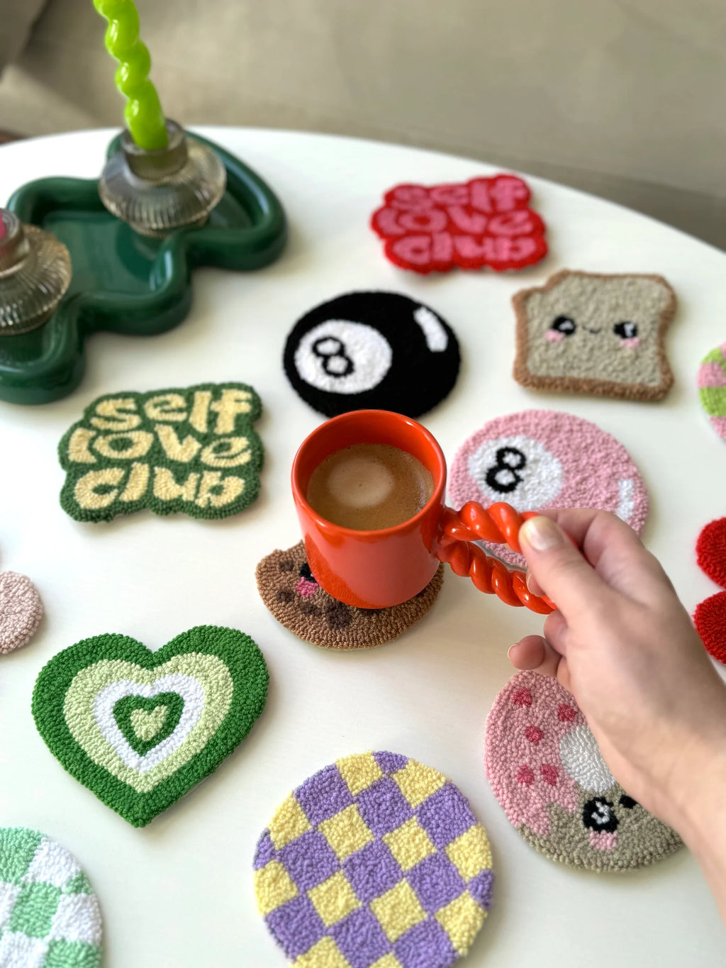 Y2K Punch Needle Mug Rug Coaster Handmade Floral Decor