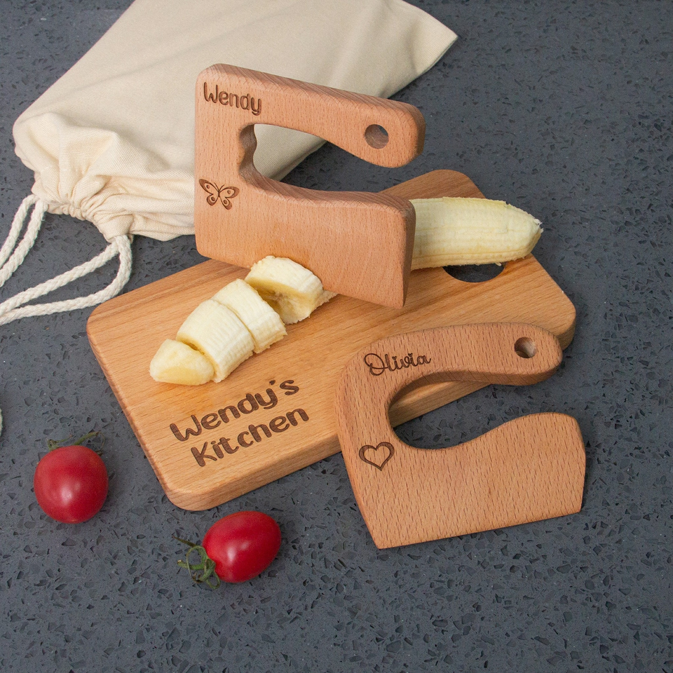 Engraved Wooden Kids Knife & Cutting Board Set