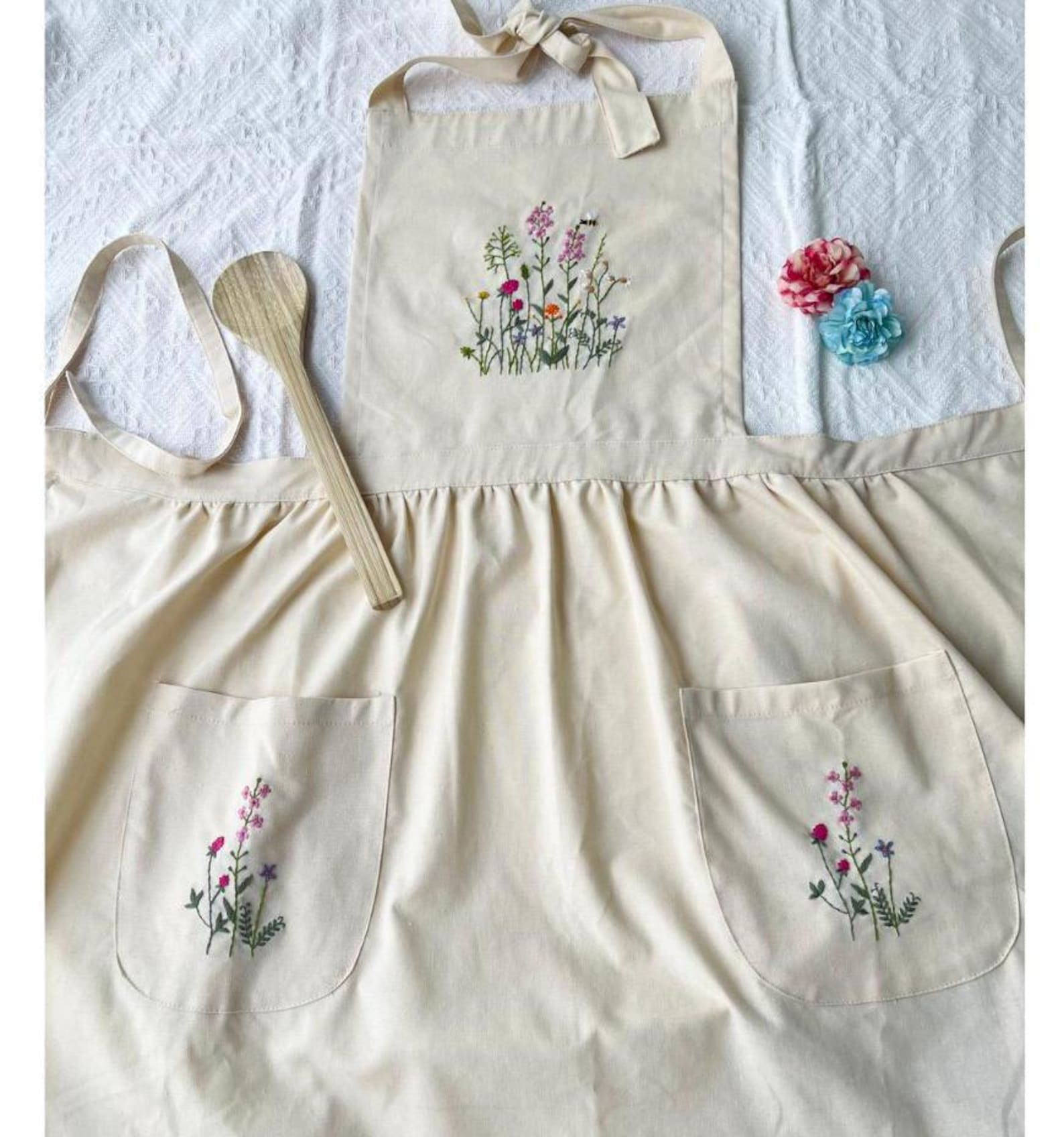 Personalized Floral Hand Embroidered Linen Apron for Women
